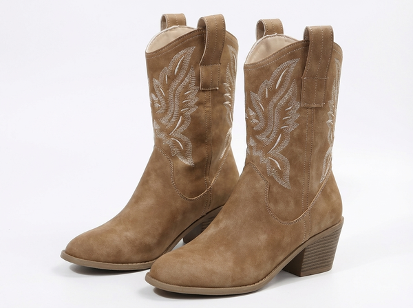 Santiag mi-haute marron clair Simili Cuir Femme - Broderies florales élégantes et languettes pratiques - three_quarter_view