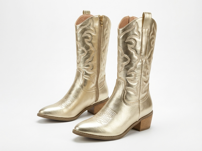 Santiag mi-haute dorée Simili Cuir Femme - Broderies western et éclat doré chic - three_quarter_view