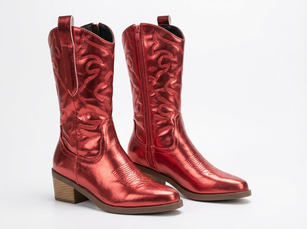 Santiag mi-haute rouge Simili Cuir Femme - Broderies western et texture métallisée