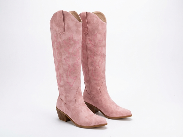 Santiag haute rose Simili Cuir Femme - Broderies florales roses élégantes et uniques - three_quarter_view