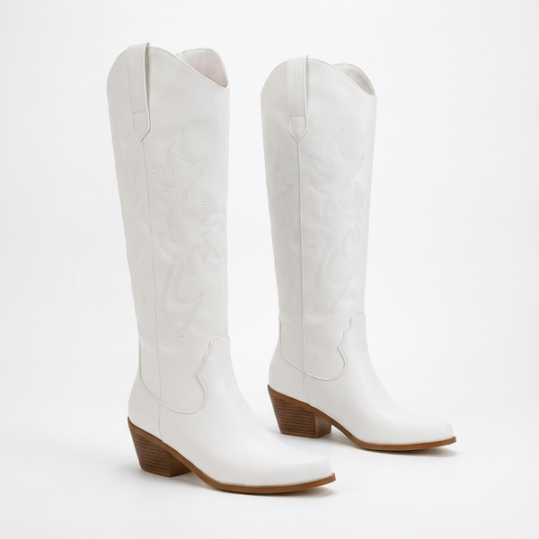 Santiag haute blanc PU Femme - Broderie florale et talon cubain rustique - three_quarter_view