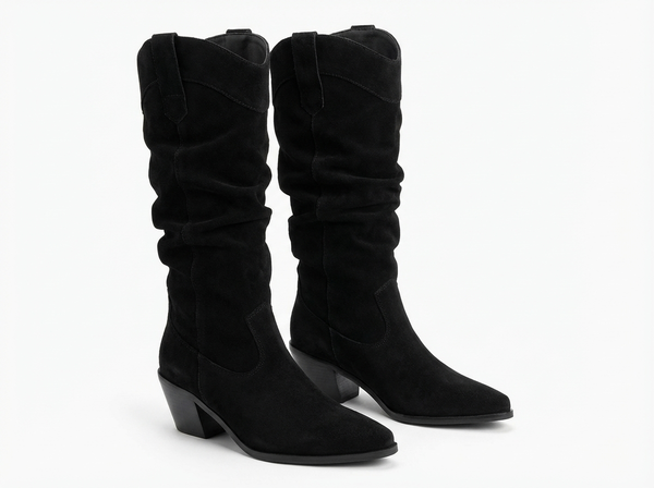 Santiag mi-haute noir Simili Cuir Femme - Tige plissée sans ornements, style sobre