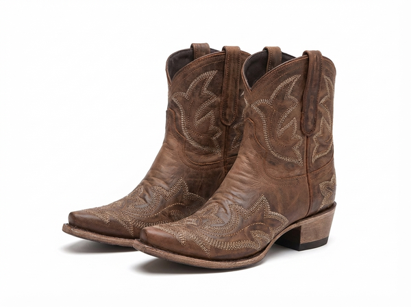 Santiag mi-haute marron Simili Cuir Femme - Broderies élégantes pour un style campagnard - three_quarter_view