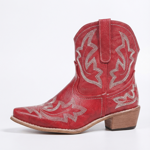 Santiag mi-haute rouge Synthétique Femme - Éclat rouge et broderies florales élégantes