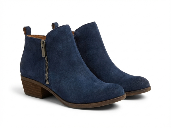 Santiag basse bleu Daim Femme - Talon bois, texture douce et chic
