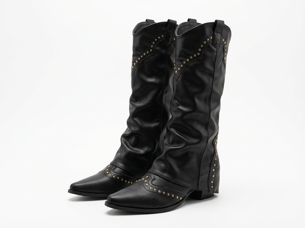 Santiag mi-haute noir Synthétique Femme - Clous modernes accentuant le style rétro