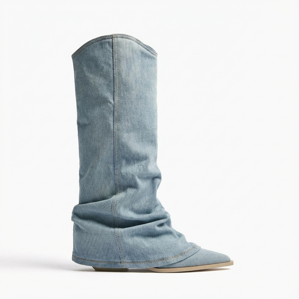 Santiag haute bleu Femme - Style décontracté avec effet plissé