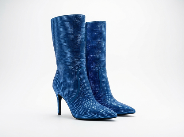 Santiag haute bleu Daim Synthétique Femme - Bleu brillant à talons aiguilles - three_quarter_view