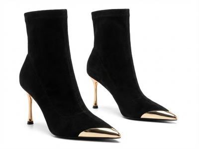 Santiag mi-haute noir Daim Synthétique Femme - Bout pointu doré, talons aiguilles dorés - three_quarter_view