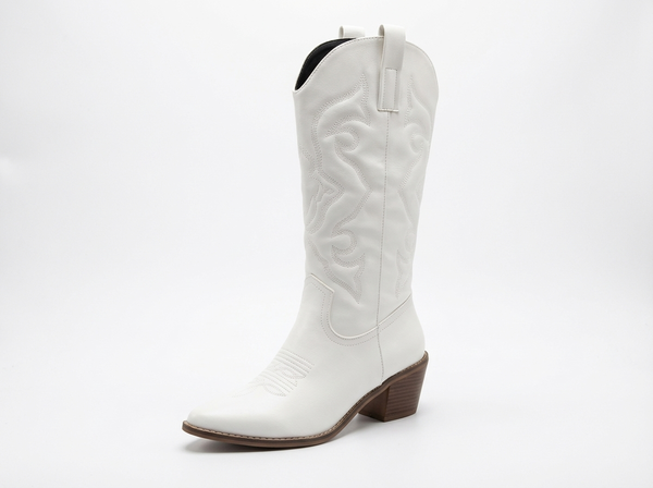 Santiag mi-haute blanc Simili Cuir Homme - Broderies western élégantes et talons carrés