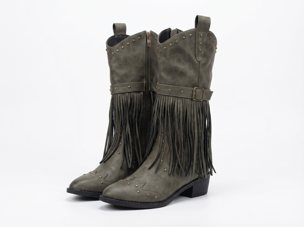 Santiag mi-haute gris Synthétique Femme - Franges longues et rivets métalliques