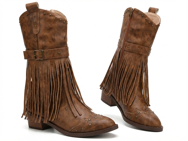 Santiag mi-haute marron Synthétique Femme - Franges et clous pour style western élégant - three_quarter_view