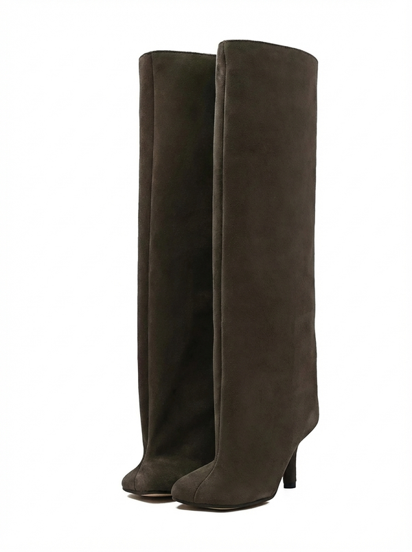 Santiag haute marron foncé Daim Synthétique Femme - Élégance moderne avec talon fin raffiné - three_quarter_view