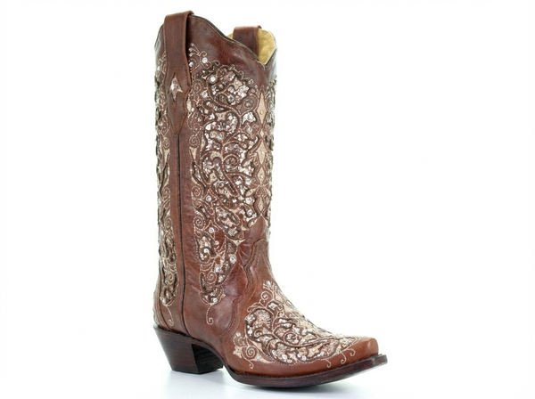 Santiag mi-haute marron Simili Cuir Femme - Broderies florales élégantes et ornementées - three_quarter_view