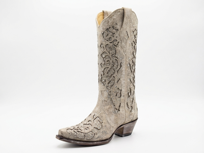 Santiag mi-haute beige Synthétique Femme - Broderies élégantes avec ornements sophistiqués - three_quarter_view