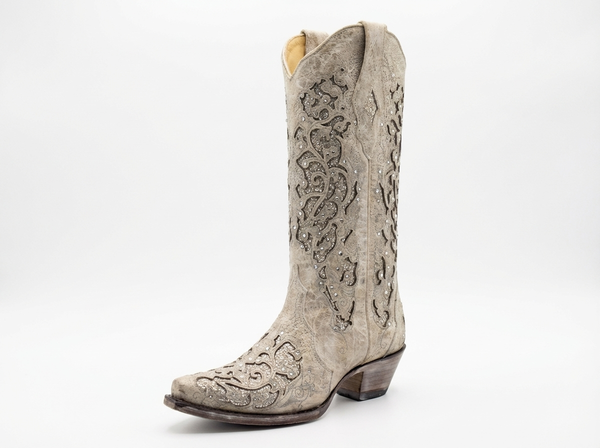 Santiag mi-haute beige Synthétique Femme - Broderies élégantes avec ornements sophistiqués