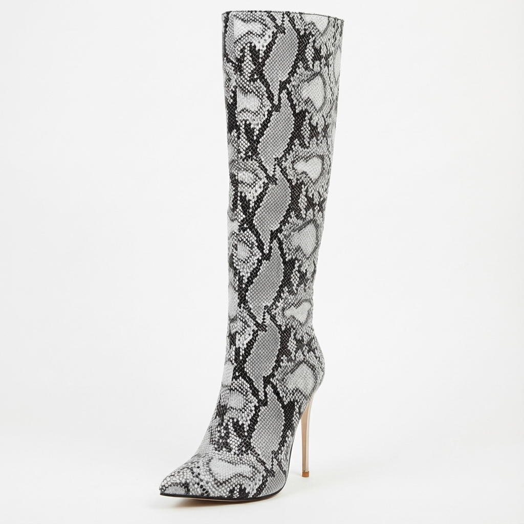 Botte haute gris Synthétique Femme - Motif python et talon aiguille chic