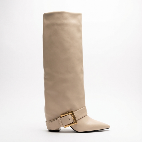 Santiag haute beige Synthétique Femme - Style élégant avec boucle dorée - side_view