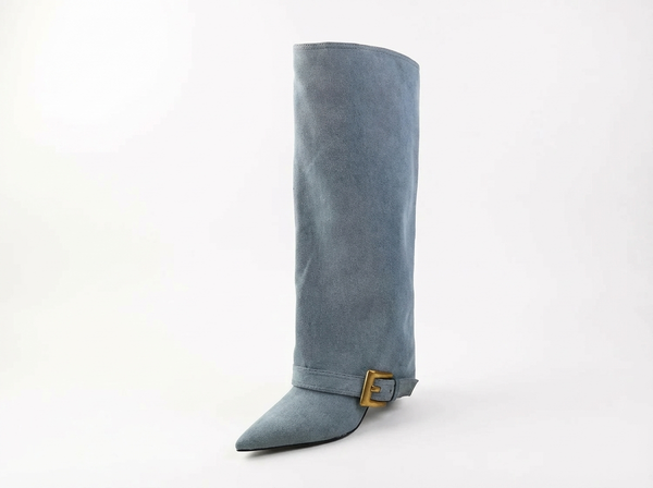 Santiag haute bleu Daim Synthétique Femme - Elegante boucle dorée et bout pointu