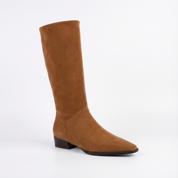 Santiag haute camel Daim Femme - Élégantes bottes à bout pointu moderne - three_quarter_view