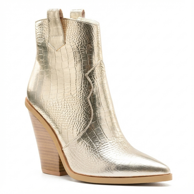 Santiag mi-haute doré Synthétique Femme - Motif crocodile doré audacieux - three_quarter_view