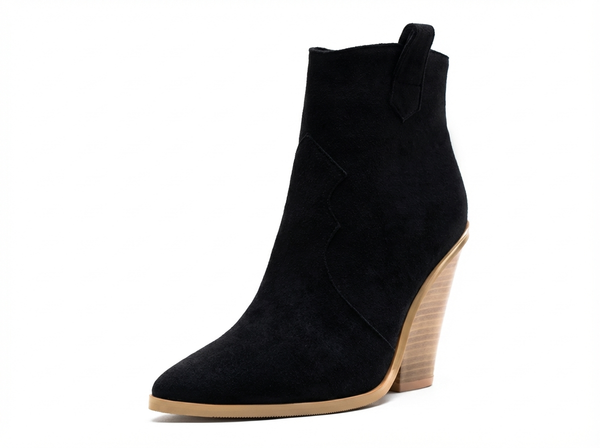 Santiag mi-haute noir Simili Cuir Femme - Talon compensé moderne et couture zigzag