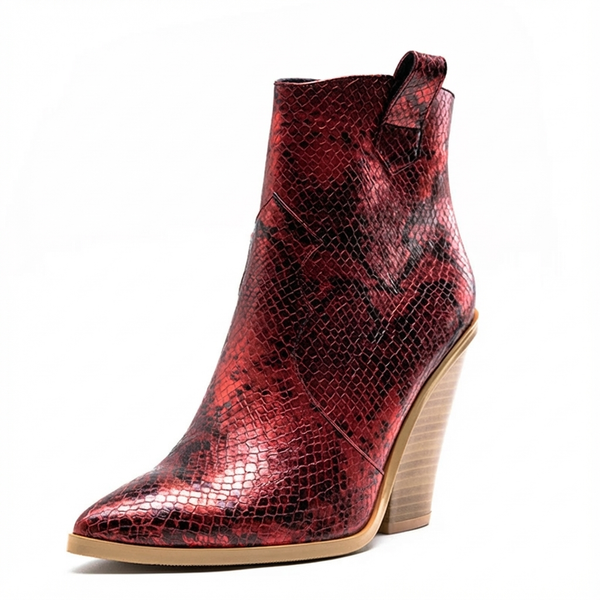 Santiag mi-haute rouge Simili Cuir Femme - Motif python rouge, bout pointu élégant
