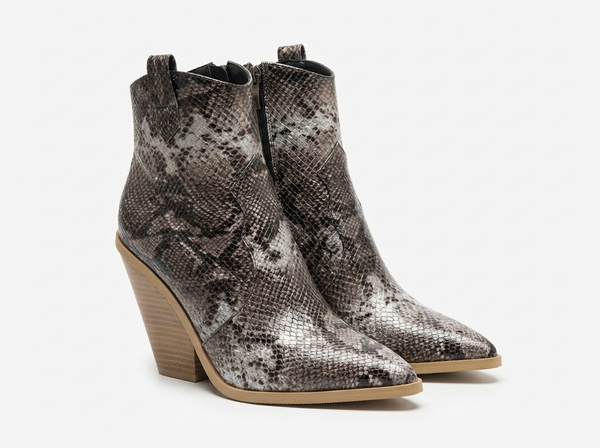 Santiag mi-haute marron Simili Cuir Femme - Motif serpent et talon bois élégant - three_quarter_view