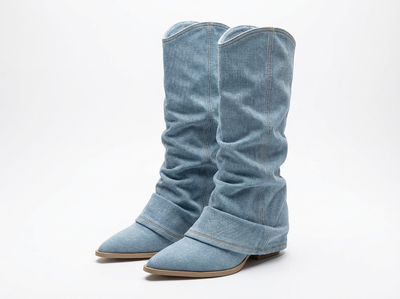 Santiag mi-haute bleu Synthétique Femme - Santiags denim bleu bout pointu - three_quarter_view