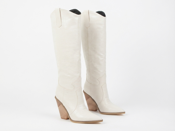 Santiag haute blanc Synthétique Femme - Talon compensé, motif python élégant - three_quarter_view