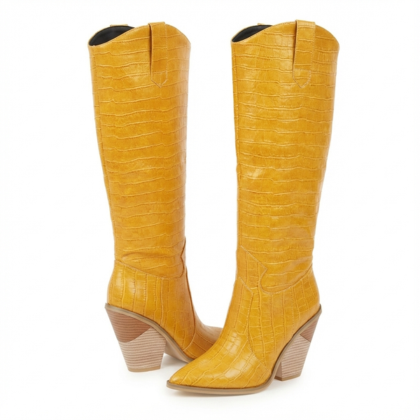 Santiag haute jaune Simili Cuir Femme - Motif crocodile élégant avec talon incliné