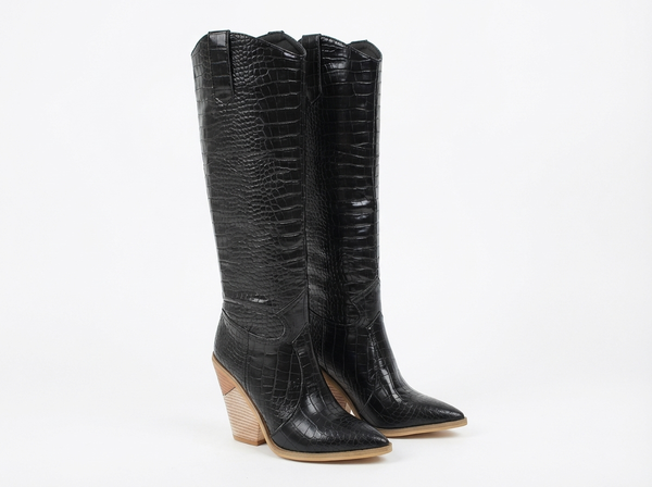 Santiag haute noir Synthétique Femme - Talon clair, motif croco sophistiqué - three_quarter_view