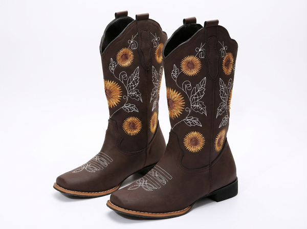 Santiag mi-haute marron Simili Cuir Femme - Broderies florales artistiques et couleurs vives - three_quarter_view