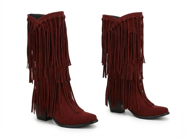 Santiag mi-haute marron foncé Simili Cuir Femme - Franges longues style western dynamique - three_quarter_view