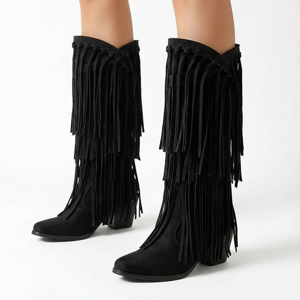 Santiag mi-haute noir Simili Cuir Femme - Franges longues pour un style bohème