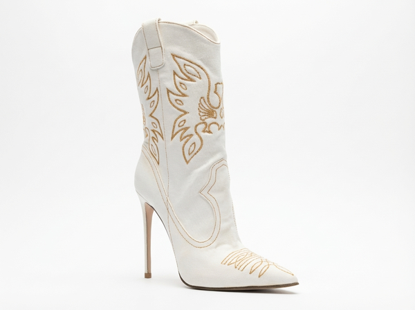 Santiag haute blanc Synthétique Femme - Talon aiguille avec broderies florales dorées - three_quarter_view