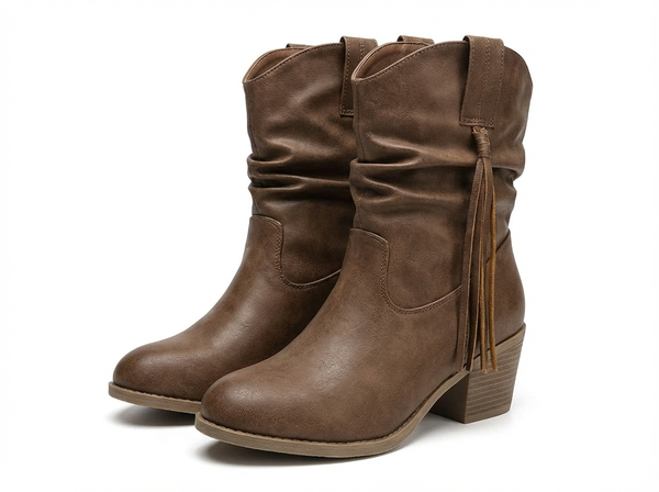 Santiag mi-haute marron Simili Cuir Femme - Franges western et talon carré moderne - three_quarter_view