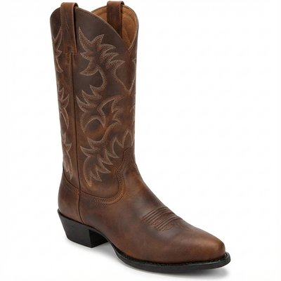 Santiag mi-haute marron Simili Cuir Homme - Broderies florales et talon cubain - three_quarter_view