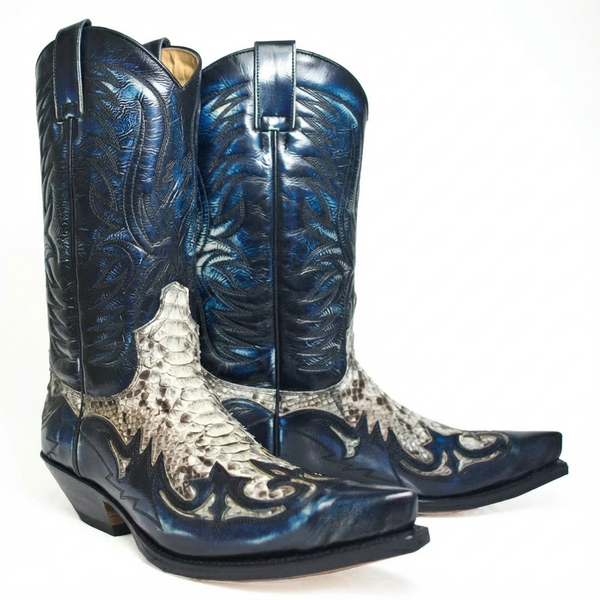 Santiag mi-haute bleu Synthétique Homme - Motif python élégant et broderies western