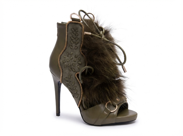 Santiag mi-haute vert Synthétique Femme - Boots à talons ouverts avec fourrure - three_quarter_view