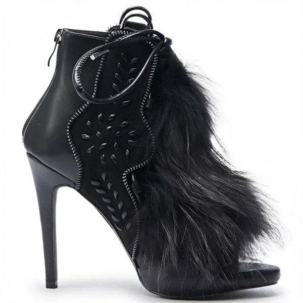 Santiag mi-haute noir Daim Synthétique Femme - Bout ouvert avec texture luxueuse en fourrure - side_view