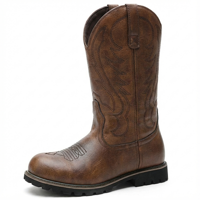 Santiag mi-haute marron Simili Cuir Homme - Coutures décoratives et semelle crantée - three_quarter_view