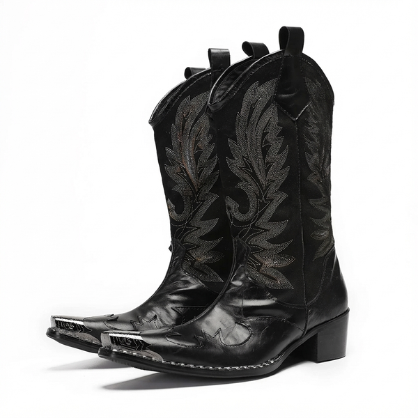 Santiag mi-haute noir Cuir Homme - Embout métallique argenté audacieux