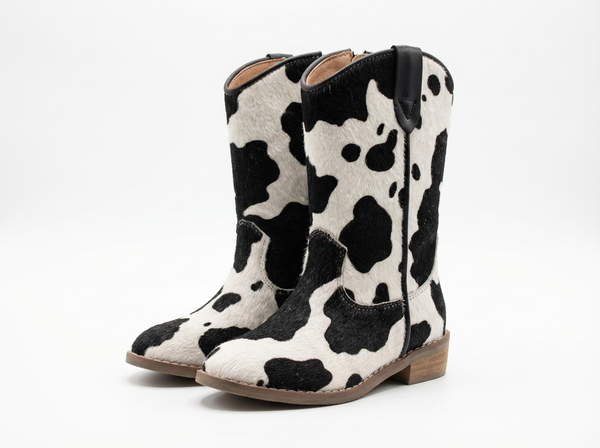 Santiag mi-haute multicolore Simili Cuir Fille - Motif peau de vache noir et blanc - three_quarter_view
