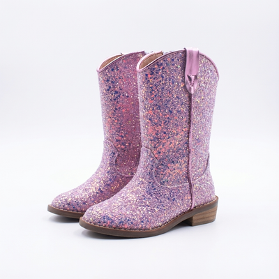 Santiag mi-haute rose à paillettes Synthétique Fille - Rose pailleté, détails festifs éclatants - three_quarter_view