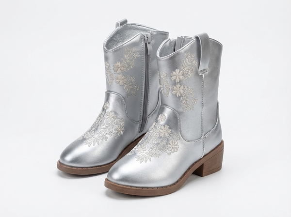 Santiag mi-haute argentée Simili Cuir Fille - Broderies argentées élégantes et modernisées - three_quarter_view
