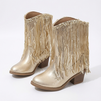 Santiag mi-haute doré Synthétique Fille - Franges dorées et talon audacieux - three_quarter_view