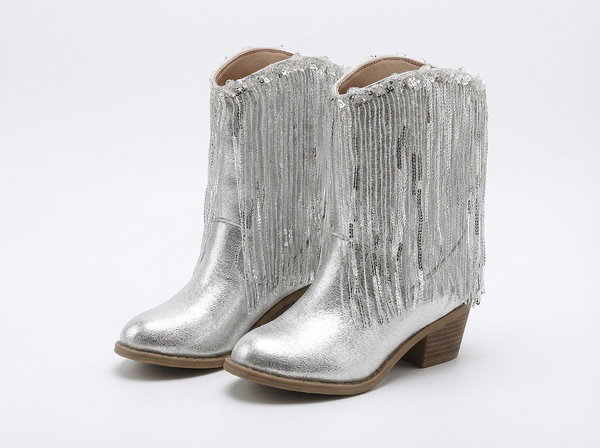 Santiag mi-haute argenté Synthétique Fille - Franges argentées et effet métallisé brillant - three_quarter_view