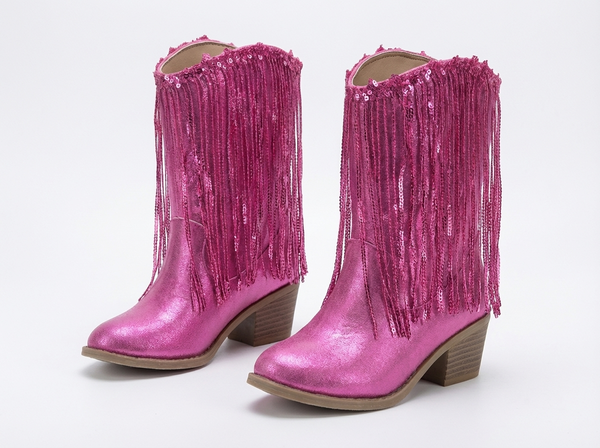 Santiag mi-haute rose Synthétique Fille - Franges brillantes et paillettes scintillantes - three_quarter_view