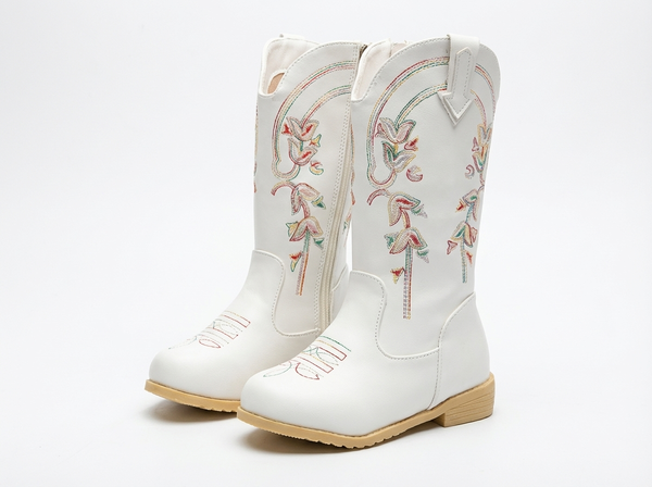 Santiag mi-haute blanc Cuir Fille - Broderies fleuries sur cuir blanc brillant - three_quarter_view